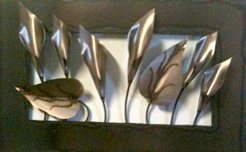 Silver tulips horizontal metal art panel - steel metal art with colourful flowers wholesale